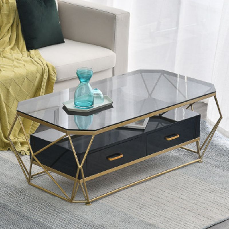 Glam Coffee Table with Glass/Marble Top and 2 Drawers and Iron Base Clearhalo 'Coffee & Accent Tables' 'Coffee Tables' 'coffee_tables' 'furn' 'furn_coffee_tables' 'Furniture' 'Living Room Furniture' 1200x1200_86642900-da2a-443e-8da8-db47aeee7ab8