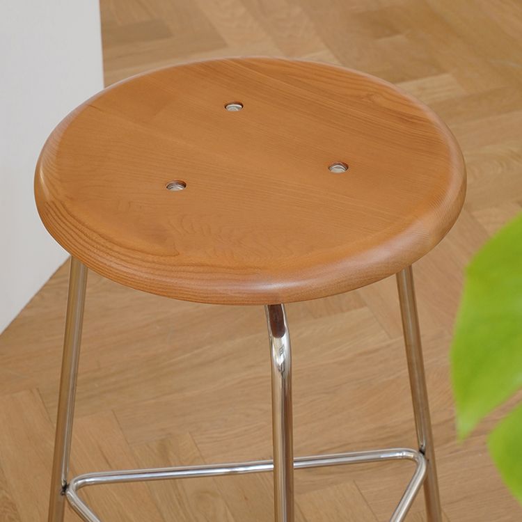 Contemporary Solid Wood Round Armless Bar Stool with Metal Base