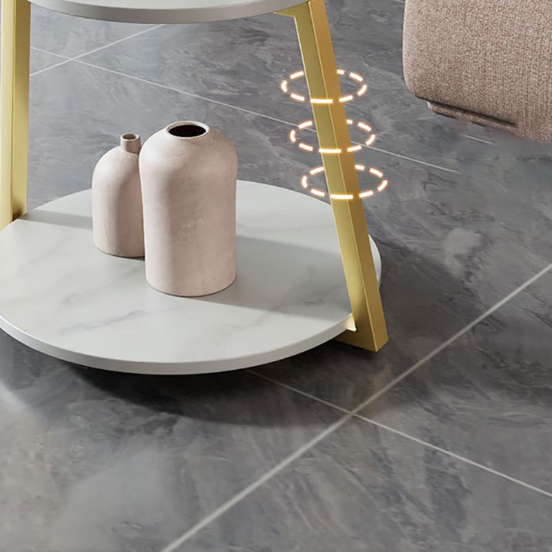 Glam Metal Side Table with Shelves Round Stone Top Accent Side Table