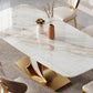 Table de salle à manger rectangulaire de luxe avec plateau en pierre blanche et base en X en métal doré et blanc