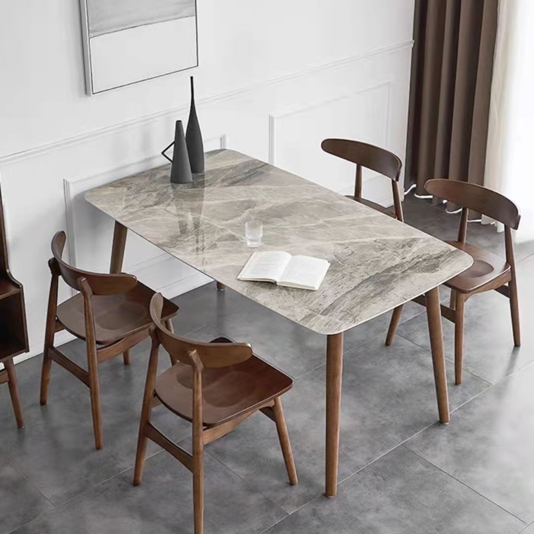 Dinettetafel met glanzend grijs stenen blad en houten frame, eettafel uit het midden van de eeuw voor thuis