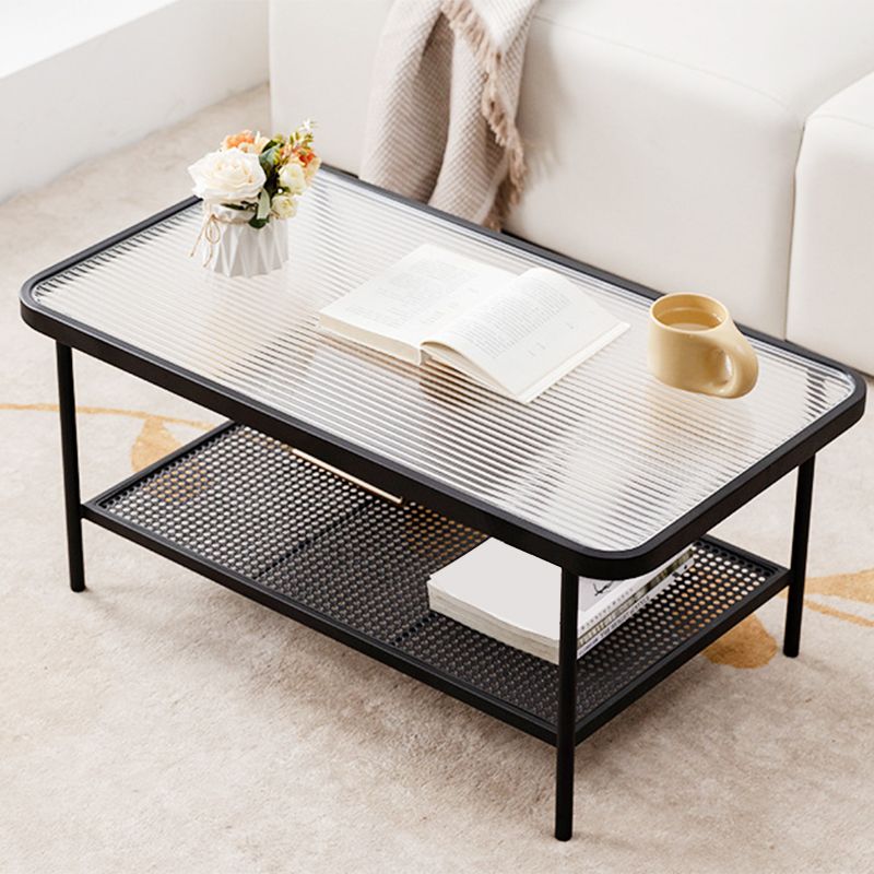 Rectangle Glass Coffee Table 15.75"H Sled Cocktail Table with Shelf Clearhalo 'Coffee & Accent Tables' 'Coffee Tables' 'coffee_tables' 'furn' 'furn_coffee_tables' 'Furniture' 'Living Room Furniture' 1200x1200_86bb3feb-9239-4ef6-adc2-6aac00c9d987