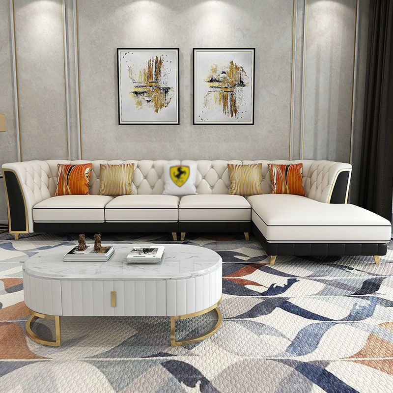 Recessed Arm Tufted Back Furniture Sectionals Pleated Genuine Leather Sectional Sofa Set Clearhalo 'Furniture' 'furniture_sectionals' 'kitchen' 'kitchen_sectionals' 'Living Room Furniture' 'Sectionals' 1200x1200_86c19872-261a-4310-9df8-2fa9b602ba9b