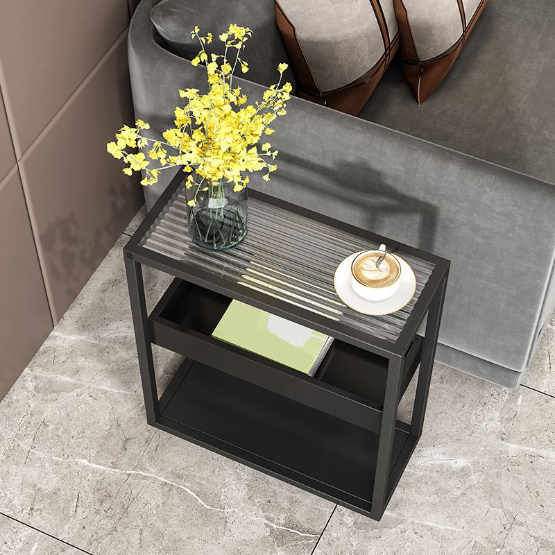 21.6" Tall Modern Rectangular Glass Top Side Table Iron Frame End Table with Shelves