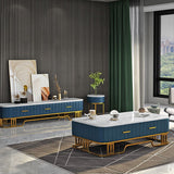 Glam Iron Frame Base Coffee Table with White Marble Top and 2 Drawers