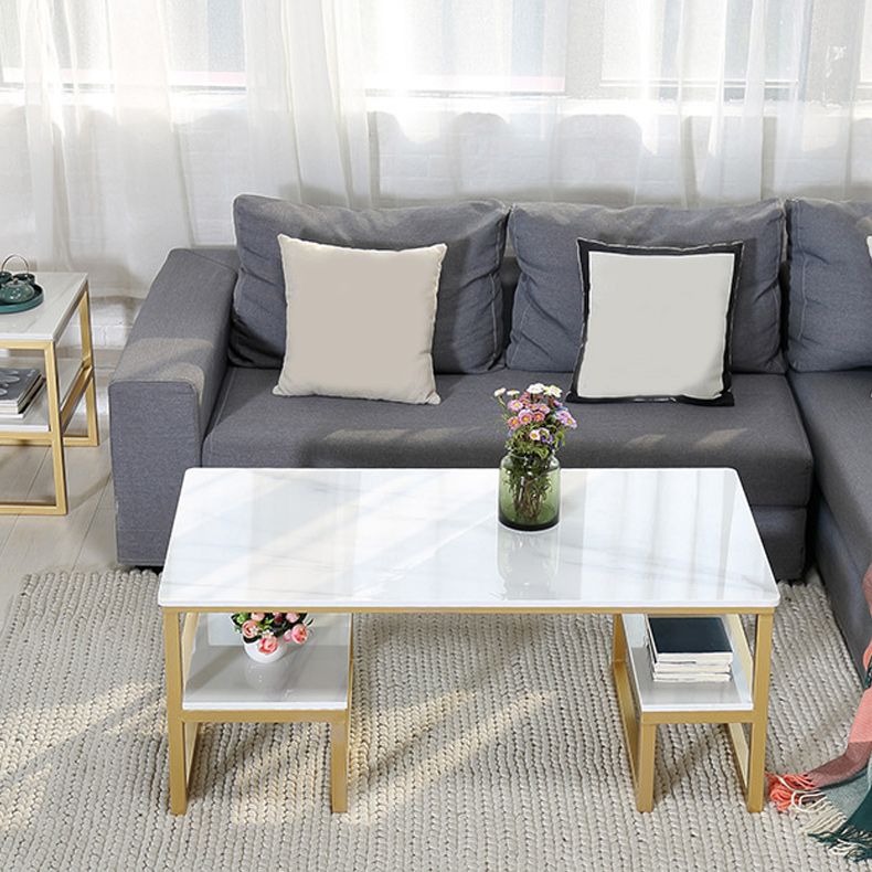 Glam Rectangle Marble Top Table with 2 Storag Shelves and Iron Base