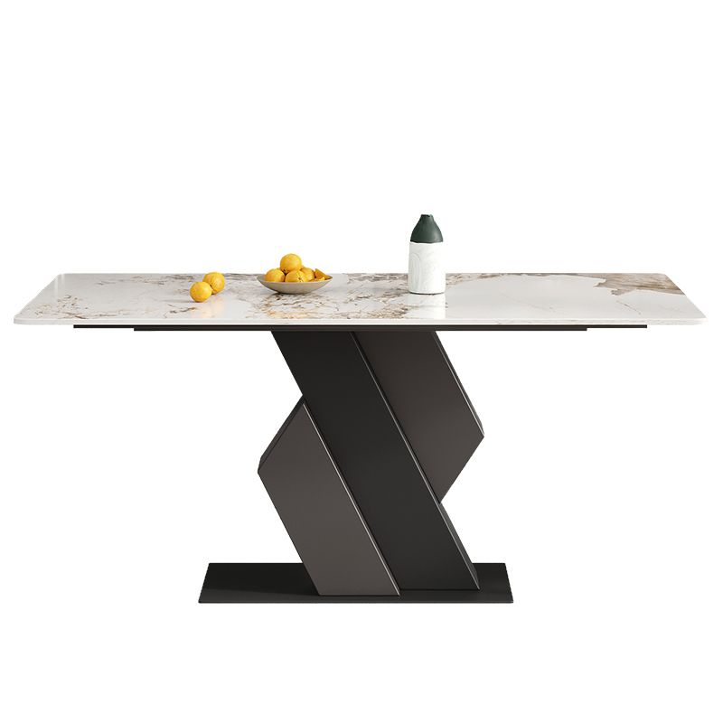 Mesa de comedor industrial de piedra sinterizada Mesa rectangular con base de pedestal de metal