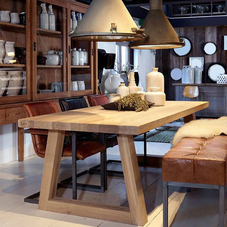 Mesa de comedor moderna rectangular de pino natural con 4 patas