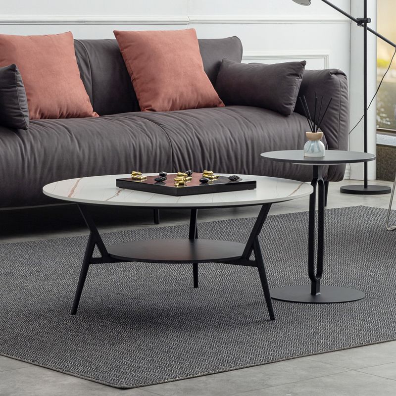 Modern Slate Trestle Coffee Table with Storage Round Cocktail Table in Grey Clearhalo 'Coffee & Accent Tables' 'Coffee Tables' 'coffee_tables' 'furn' 'furn_coffee_tables' 'Furniture' 'furniture_coffee_tables' 'Living Room Furniture' 1200x1200_86e14edb-141a-47dd-897e-cbc18dd39321