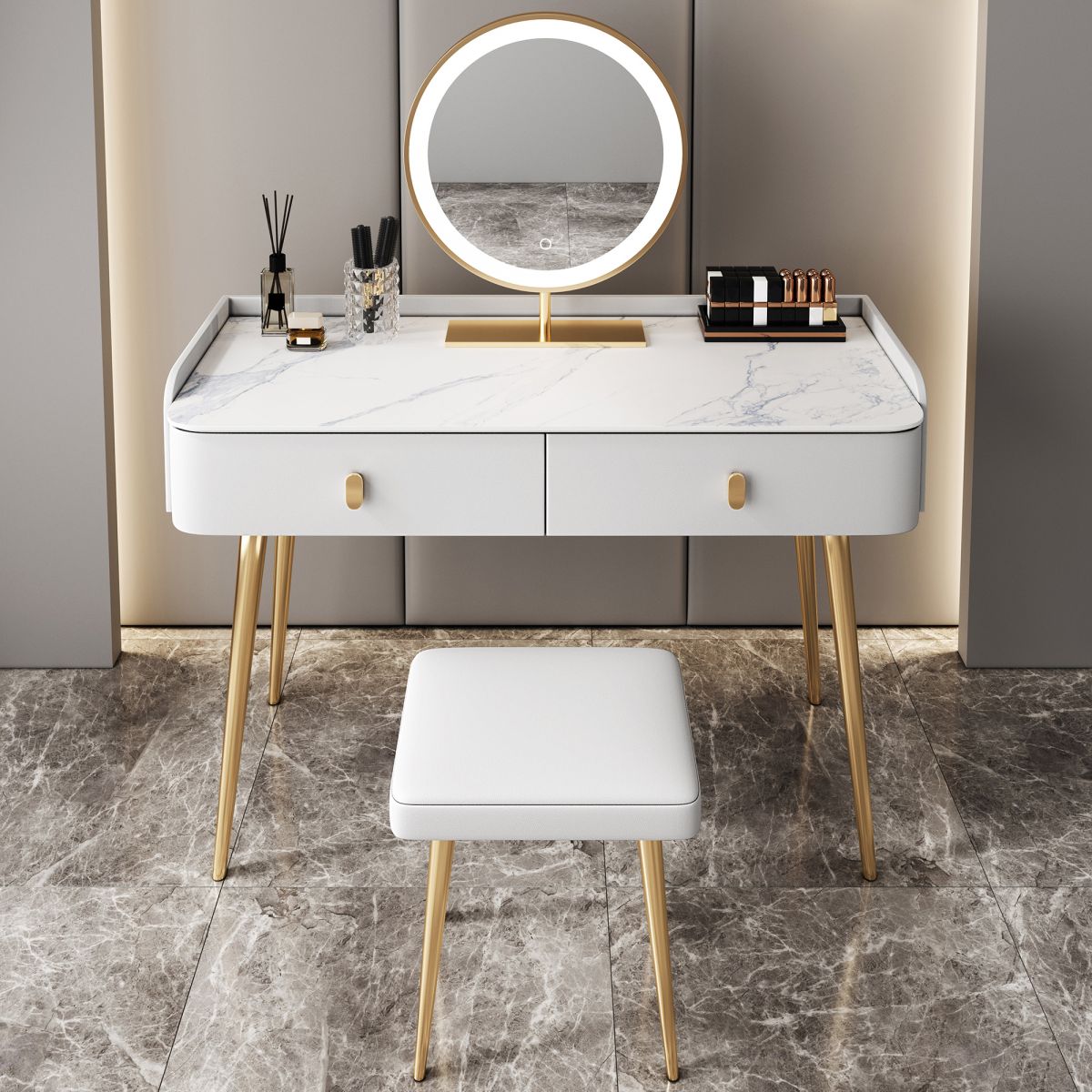 Glam Marble Makeup Vanity Set With Drawer for Bedroom in White Clearhalo 'Bedroom Furniture' 'furn' 'furn_makeup_vanities' 'Furniture' 'Makeup Vanities' 'makeup_vanities' 1200x1200_86ec7a6b-ec7f-466f-880f-b7050098b30c