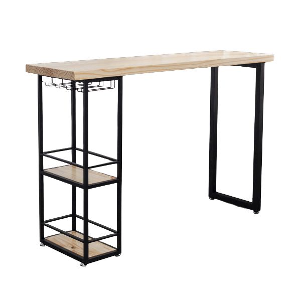Mesa de comedor rectangular natural, mesa de altura de barra de madera maciza con pedestal y estantes