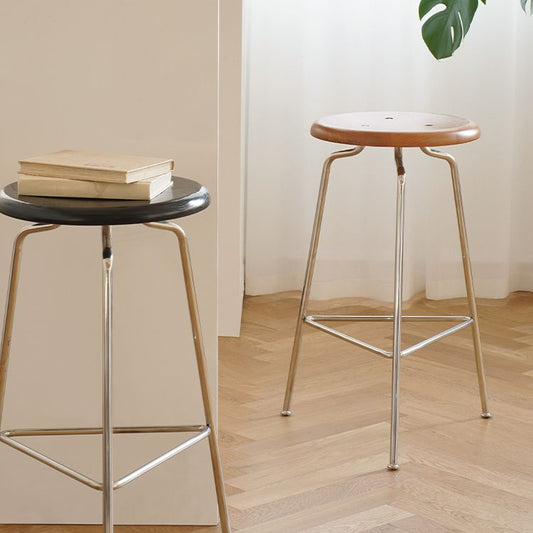 Tabouret de bar rond en bois massif contemporain avec base en métal