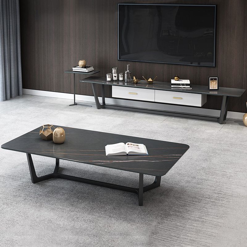 Glam Style Rectangular Slte Black Metal Trestle Type Base Coffee Table