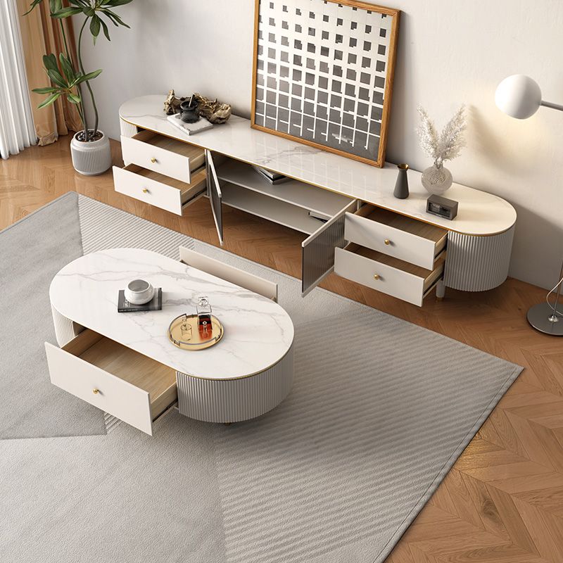 Glam Stone Oval Single White 4 Legs Coffee Table with Drawers