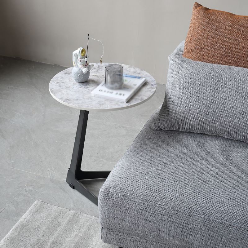 1 Mesa de café de pizarra de pedestal de una sola redonda para sala de estar con patas de acero