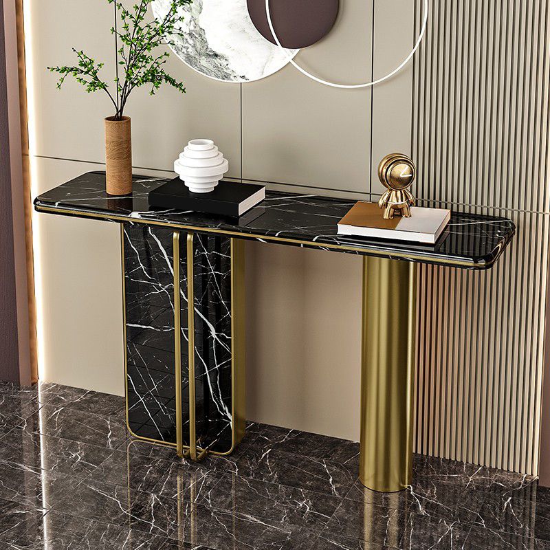 Modern Accent Table Marble Console Table with 1 Shelf for Hall , 33.46 Inch Tall Clearhalo 'Console Tables' 'console_tables' 'Entry & Mudroom Furniture' 'furn' 'furn_console_tables' 'Furniture' 1200x1200_87a1e266-9493-4025-8249-f8cc66794215