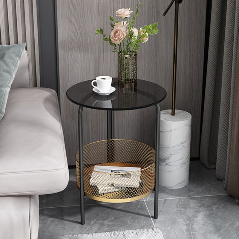 23.6" Tall Modern Round Glass Top Side Table Iron 3 Legs End Table with Storage