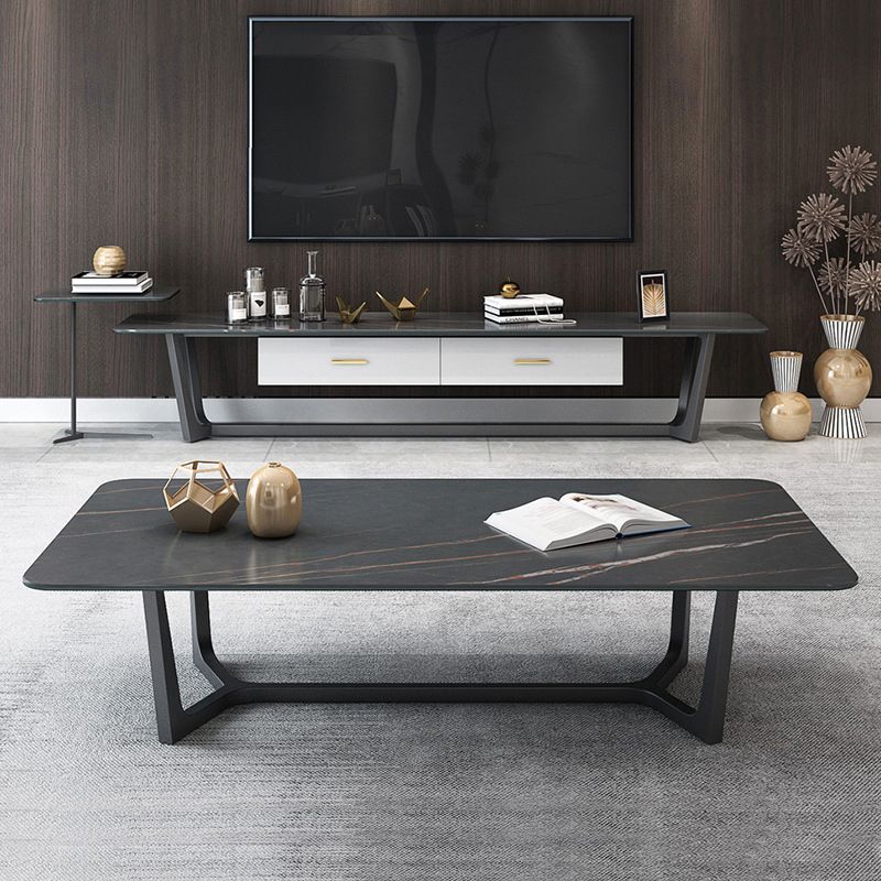 Glam Style Rectangular Slte Black Metal Trestle Type Base Coffee Table
