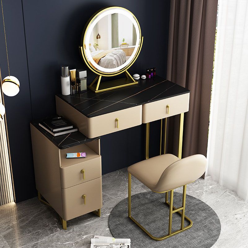 Glam -kaptafel Echte lederen ijdelheid tafel met 4 opbergladen