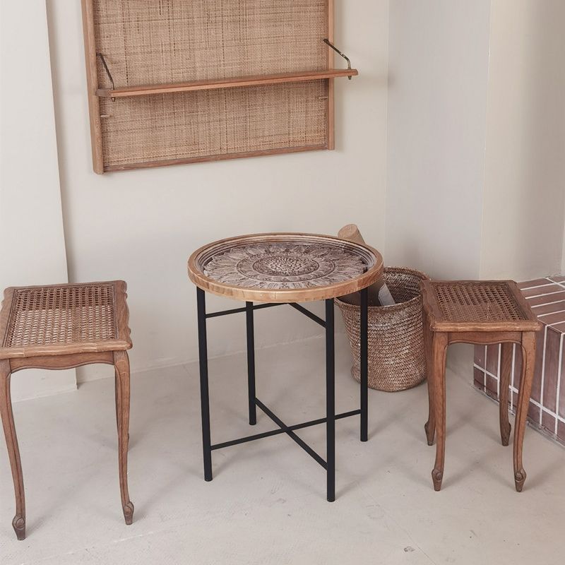 Dia 19.7" Cross Legs End Table Distressed Wood Side Table with Engraved Design Clearhalo 'Coffee & Accent Tables' 'End & Side Tables' 'end_side_tables' 'furn' 'furn_end_side_tables' 'Furniture' 'Living Room Furniture' 1200x1200_87e7729a-6231-4280-91bf-5d34337d1ad2