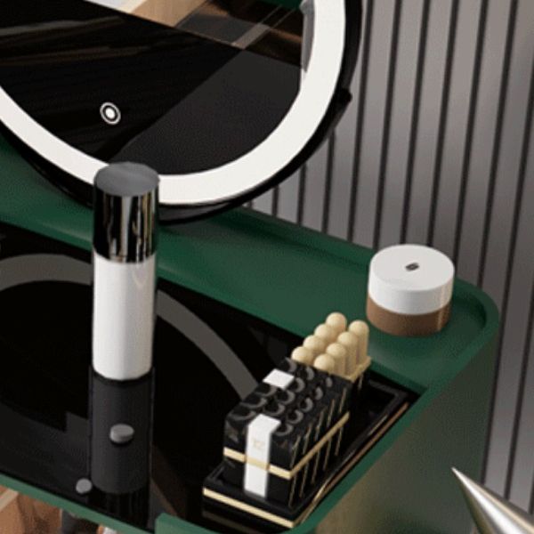 Copeador de maquillaje de cuero moderno de tocador moderno de mediados de siglo con espejo y taburetes