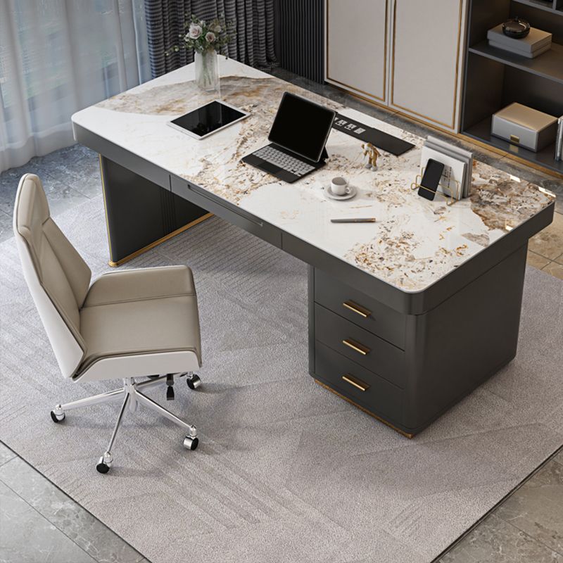 Pedestal Dark Taupe Office Desk Rectangular Writing Desk with Built in Outlets Clearhalo 'furn' 'furn_office_desk' 'Furniture' 'Office Desks' 'Office Furniture' 'office_desk' 1200x1200_87f2041f-a1b2-44f8-bba1-939f449f63cf