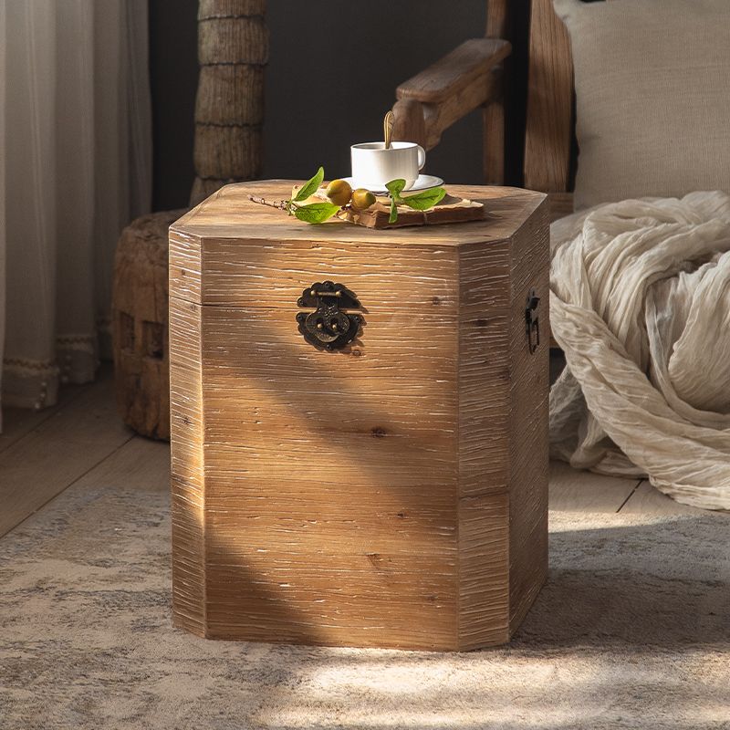 Solid Wood Drum Side Table Brown Side End Snack Table in Distressed Finish