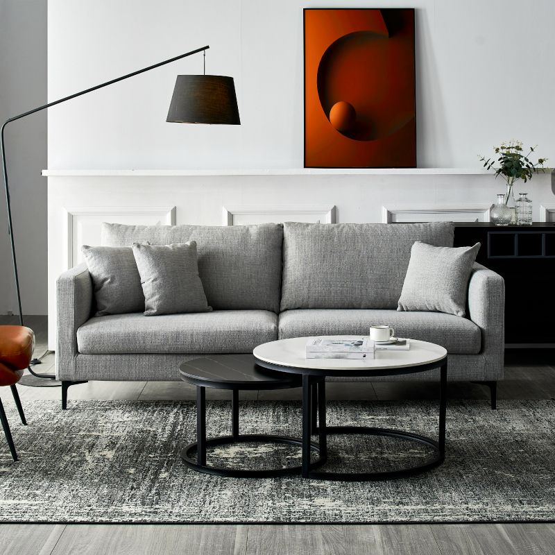 リビングルームコンテンポラリークッションスクエアアームリネンチェスターフィールドソファ