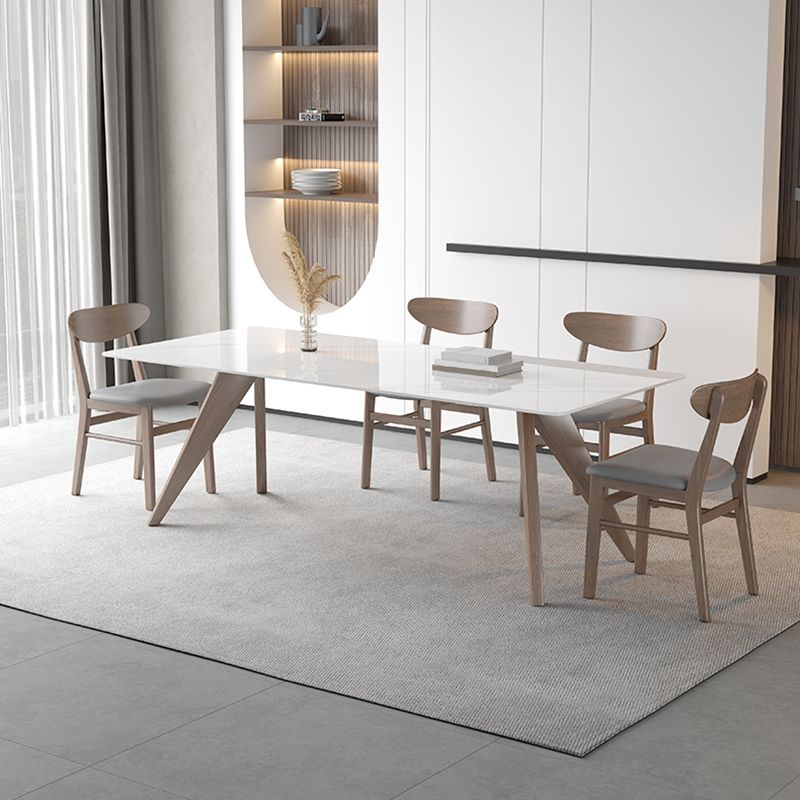Modern Sintered Stone White Table Dining Table with Wooden Base and 4 Legs