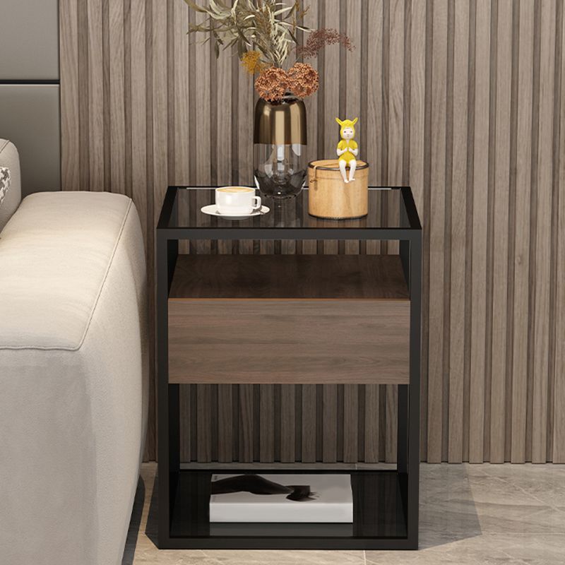 Tableau supérieur en verre carré / pierre 21.26 "Table d'appoint à 1 tirage de haut avec étagère de rangement