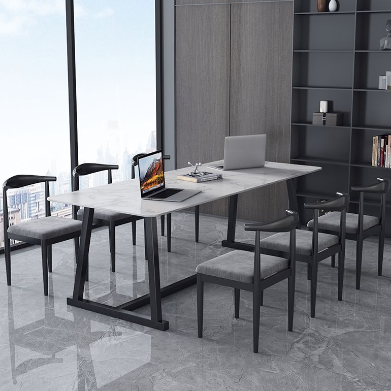 Marble Curved Work Table Home Office Luxury Fixed Writing Desk