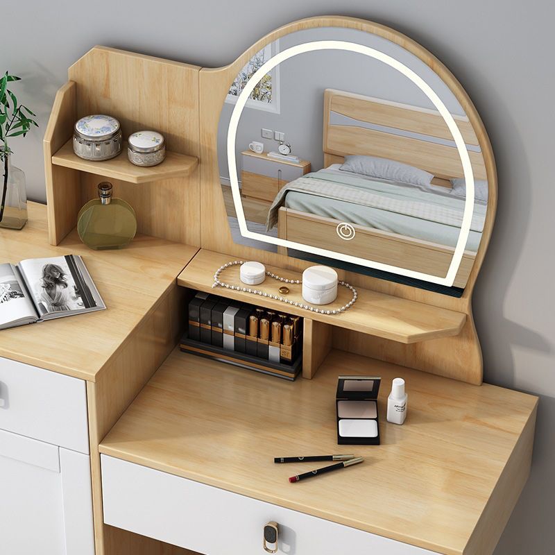 Rubberwood Vanity Set with Stool and Mirror Scandinavian Drawers Dresser Clearhalo 'Bedroom Furniture' 'furn' 'furn_makeup_vanities' 'Furniture' 'Makeup Vanities' 'makeup_vanities' 1200x1200_8894b323-8074-4cae-87b0-05b370130be9
