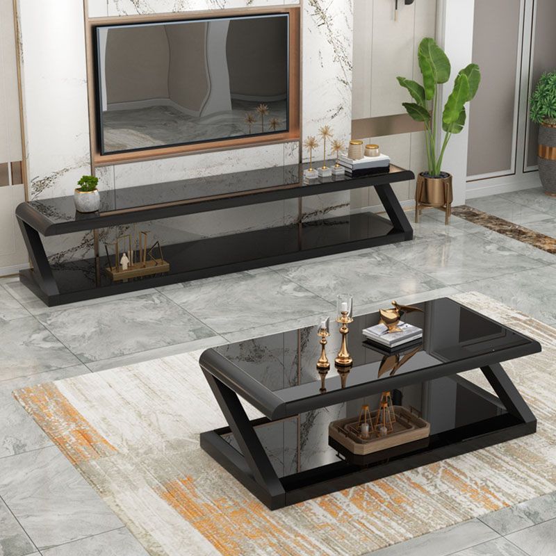 17.7"H Rectangle Glass Coffee Table Steel Abstract Base Cocktail Table with Shelf Clearhalo 'Coffee & Accent Tables' 'Coffee Tables' 'coffee_tables' 'furn' 'furn_coffee_tables' 'Furniture' 'Living Room Furniture' 1200x1200_88b6e45b-40df-49b8-83fa-6101d8129465