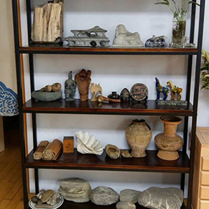 Libreria per mensole a casa aperta in metallo e legno contemporaneo con scaffali