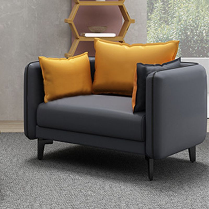 Square Arm Faux Leather Standard Sofa Couch with Pillows in Dark Gray