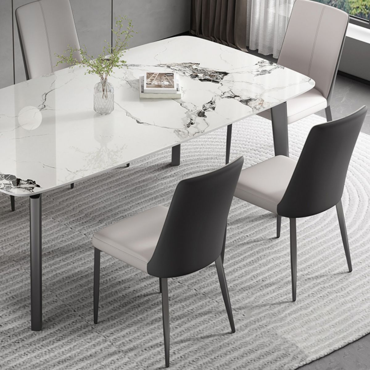 White Modern Rectangular Stone Dining Table with Stainless Steel Base Clearhalo 'Dining Tables & Seating' 'Dining Tables' 'dining_table' 'furn' 'furn_dining_table' 'Furniture' 'Kitchen & Dining Furniture' 1200x1200_896506bd-15de-4071-b17a-b5c958c6f675