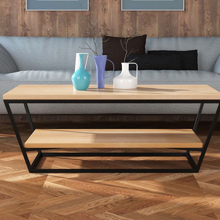 Mesa de centro de madera moderna de 19,68" de alto, mesa de cóctel con trineo de acero y estante