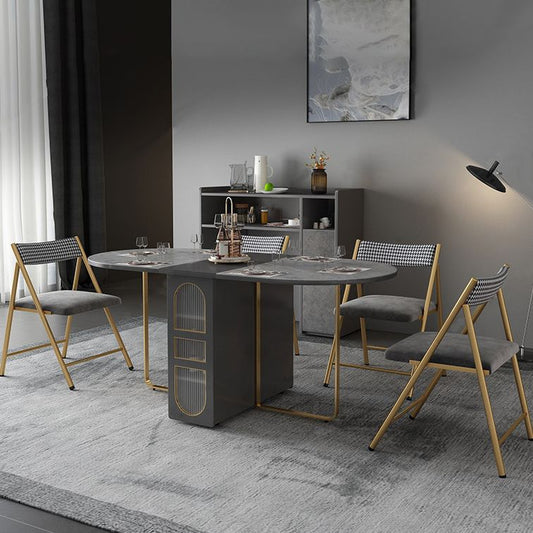 Modern Sintered Stone Dining Table Oval Drop-Leaf 59" Dining Table with Gold Frame