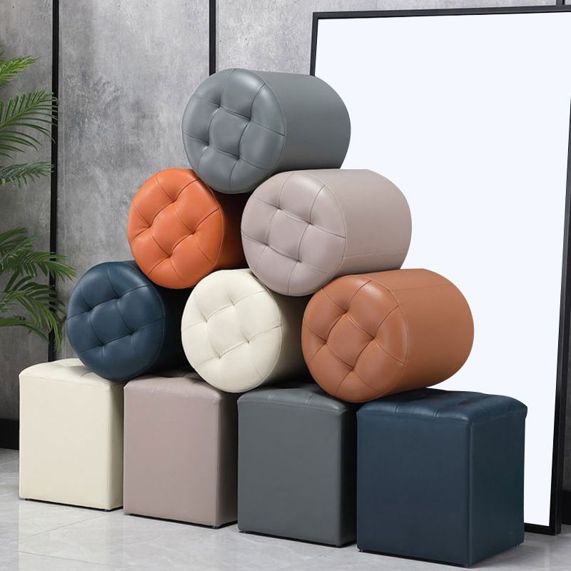 Modern Pouf Ottoman Genuine Leather Upholstered Tufted Stain Resistant Solid Color Ottoman
