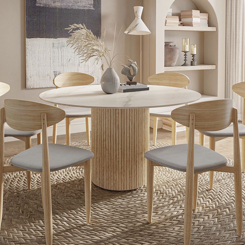 Mesa de pedestal contemporánea, mesa de comedor redonda de piedra con base de madera para cocina casera