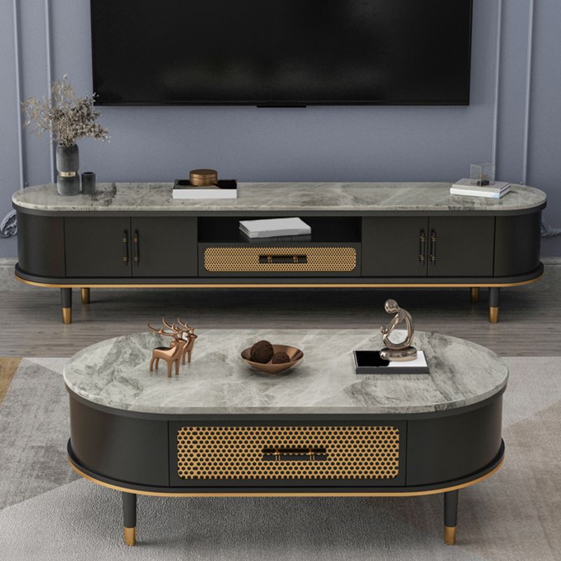 Glam Stone TV Stand Console Black Open Storage Media Console with Doors Clearhalo 'furn' 'furn_tv_stands_entertainment_centers' 'Furniture' 'Living Room Furniture' 'TV Stands & Entertainment Centers' 'TV Stands & Media Storage Furniture' 'tv_stands_entertainment_centers' 1200x1200_89b956f7-6336-4743-ac49-e8c90c59f160