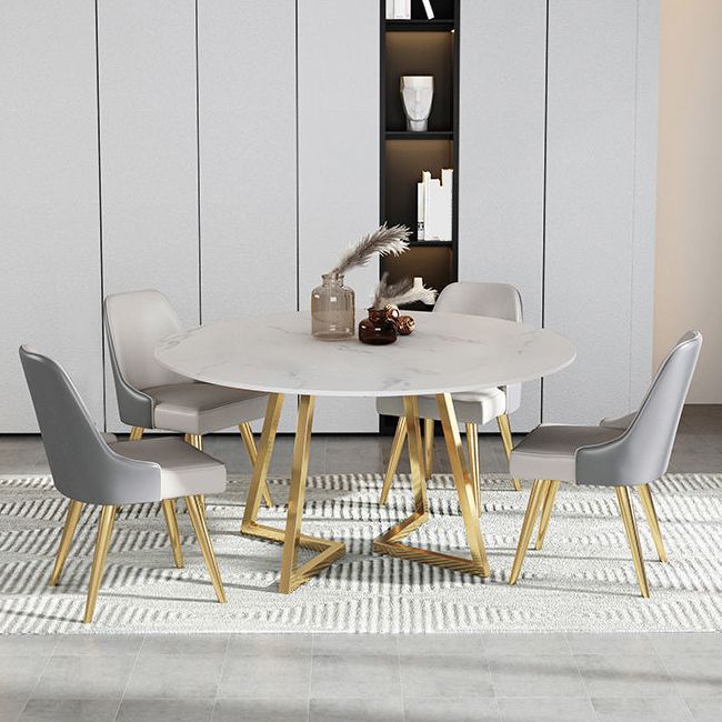 Moderne witte stenen eettafel metalen dubbele voetstuktafel voor keuken