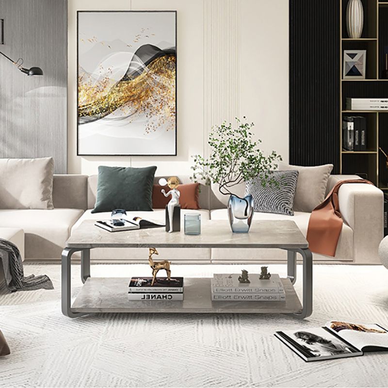 Glam Frame Coffee Table Slate Rectangular Cocktail Table with Storage Shelf