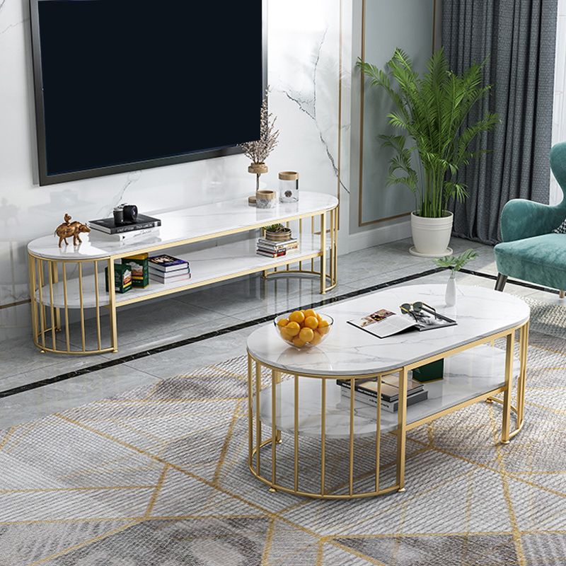 Glam Marble Coffee Cocktail Table Frame Oval Coffee Table with Shelf Clearhalo 'Coffee & Accent Tables' 'Coffee Tables' 'coffee_tables' 'furn' 'furn_coffee_tables' 'Furniture' 'Living Room Furniture' 1200x1200_89dc44aa-b9d1-4cab-a89f-8a2cc6729b99