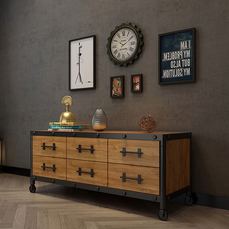 Console TV industrielle en pin, support multimédia de rangement fermé avec tiroirs pour le salon