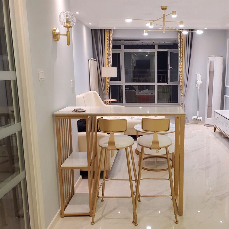 Glam Rectangle Faux Marble Pub Bar Table Iron Double Pedestal Bar Dining Table with Shelf Clearhalo 'Bar Furniture' 'Bar Tables' 'bar_tables' 'furn' 'furn_bar_tables' 'Furniture' 'furniture_bar_tables' 'Kitchen & Dining Furniture' 'kitchen&dining_furn' 'kitchen' 1200x1200_89f482e9-b4db-4db5-aec4-62e5e6b3d7f0