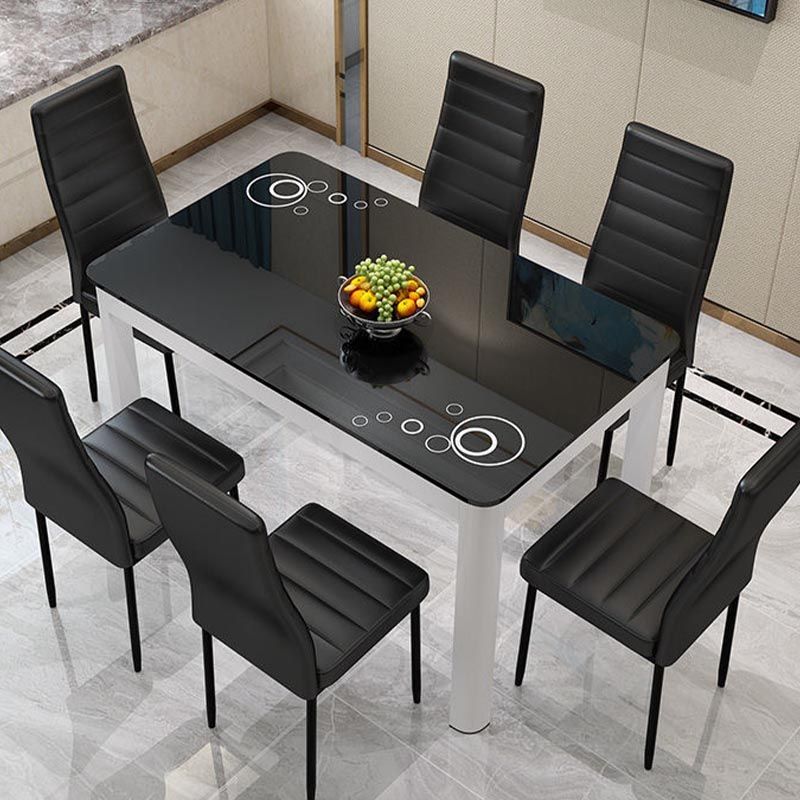 Rectangular Glass Dining Table Modern Black-white Furniture with 4 Legs in Matte Finish