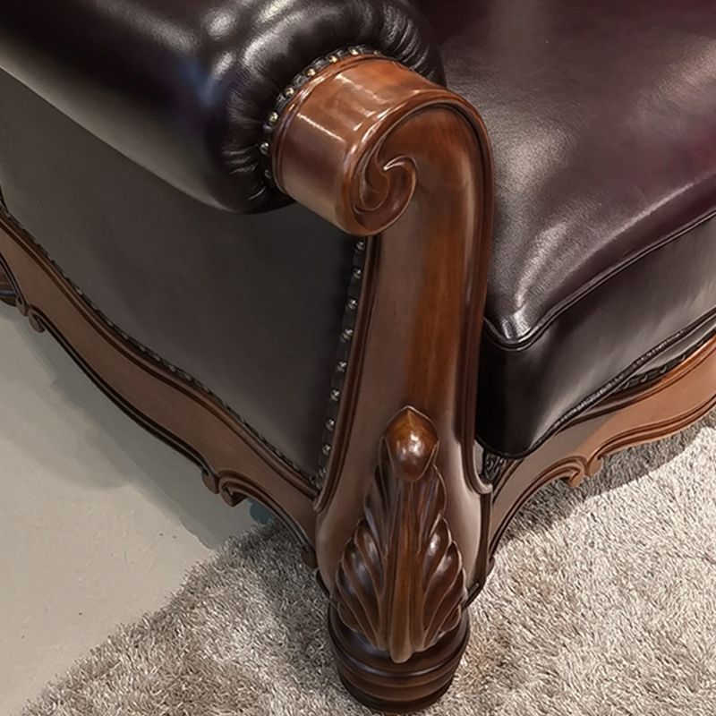 Solid Wood Genuine Leather Brown Rolled Arm Sofa with Tufted Back