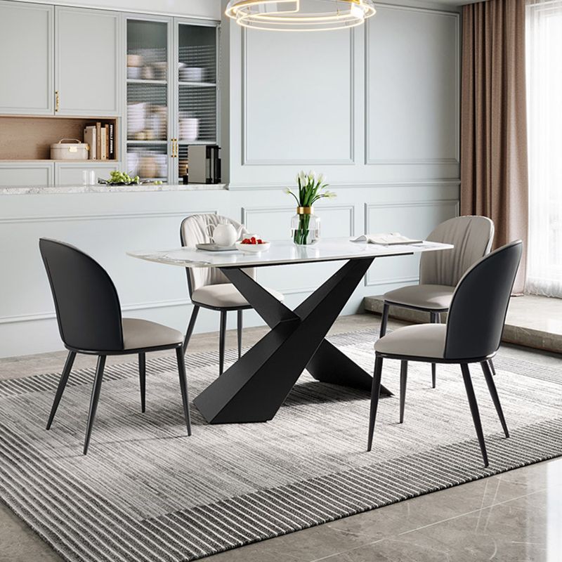 Contemporary White Rectangular Stone Dining Table with Steel X-Base