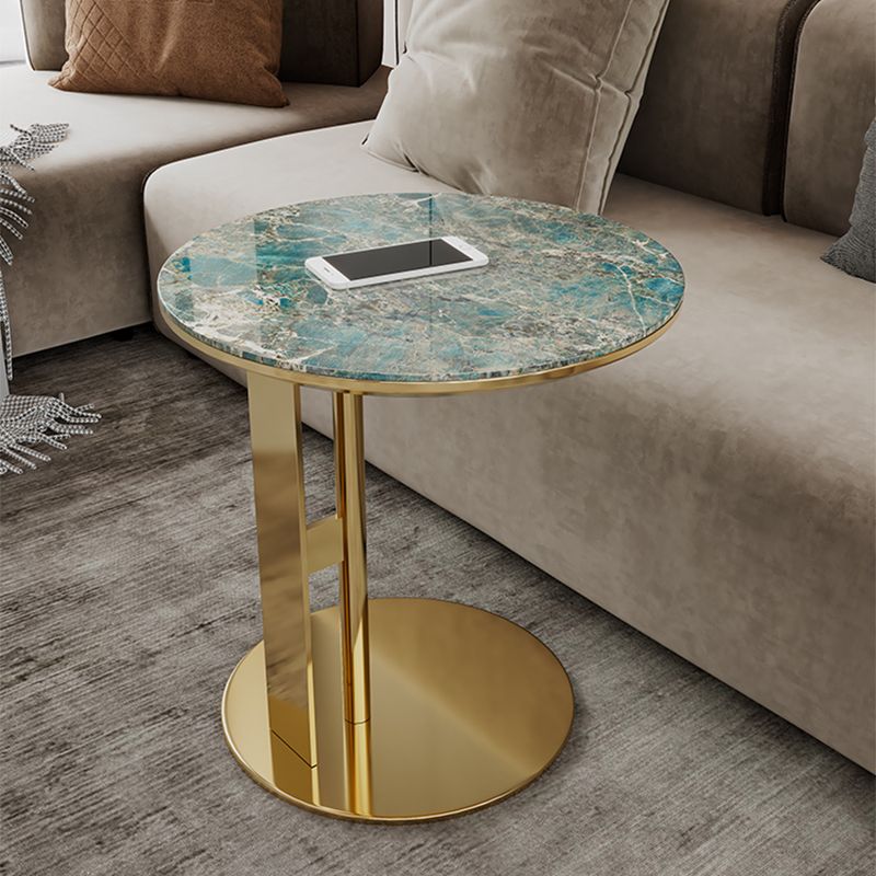 Glam C-shape Side Table Round Stone Top Sofa Side Accent Table
